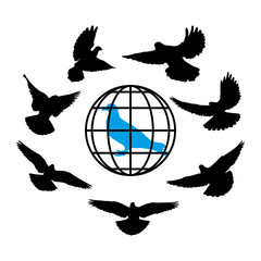 doves silhouette against the background of globe world vector