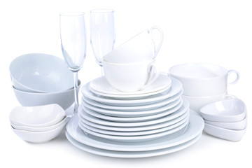 Set of white dishes isolated on white