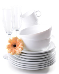 Set of white dishes close-up