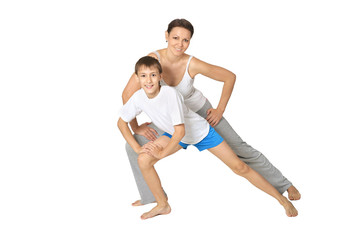 Mother exercising with son