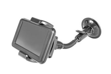 Gps, satellite navigation device, dashboard holder car mount isolated on white with clipping path. Portable gadget for navigator to search, display guidance, information, positioning and route on map.