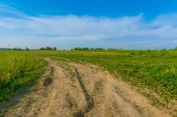 Fototapeta na wymiar scenic landscape background green meadow blue sky and a wide rur