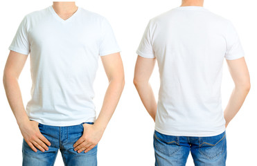 Man in white t-shirt. Isolated on white background.