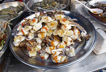 close up many crab leg in thai market