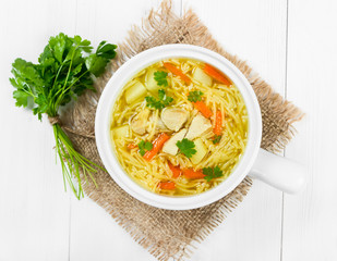 Soup with noodles and chicken - obrazy, fototapety, plakaty