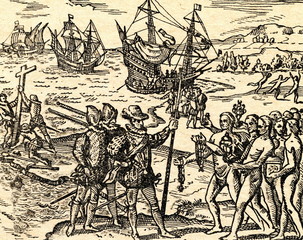 Columbus arrives in America - obrazy, fototapety, plakaty