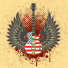 Sticker on the shirt the image of a guitar of wings