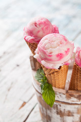 Fruit ice cream on wood