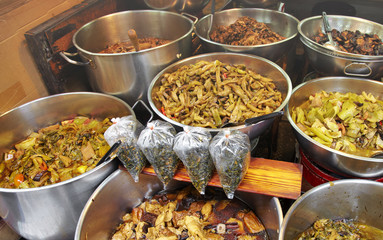 close up many thai food in market