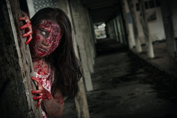 Fototapeta na wymiar Suicidal girl in haunted school