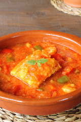 Cod and prawns in vegetable sauce
