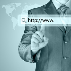 Businessman pushing virtual search bar