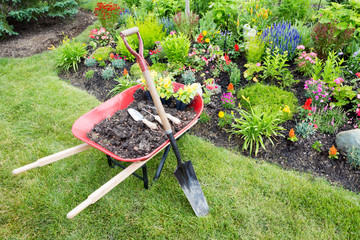 Garden work being done landscaping a flowerbed