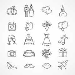 Vector wedding icons, bride, groom, couple, love, marriage