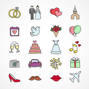 Vector wedding icons, bride, groom, couple, love, marriage