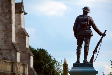 Bronze statue of a rifleman outside Winchester Cathedral