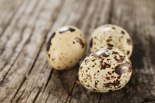 quail eggs on the background of old  wooden planks