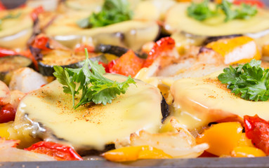 Baked mushrooms with cheese and parsley with vegetables