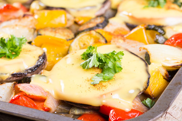 Baked mushrooms with cheese and parsley with vegetables