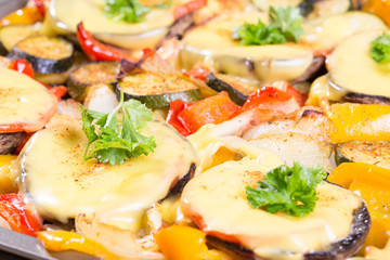 Baked mushrooms with cheese and parsley with vegetables