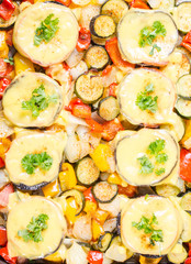 Baked mushrooms with cheese and parsley with vegetables
