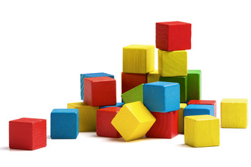 toy blocks heap, multicolor wooden bricks stack isolated