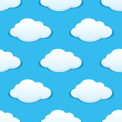 White fluffy clouds in a blue sky seamless pattern