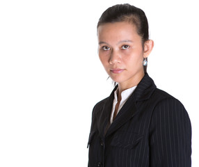 Asian businesswoman in a black suit over white background