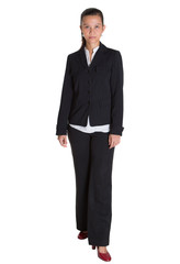Asian businesswoman in a black suit over white background