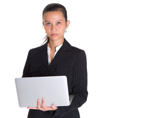 Asian businesswoman with laptop over white background