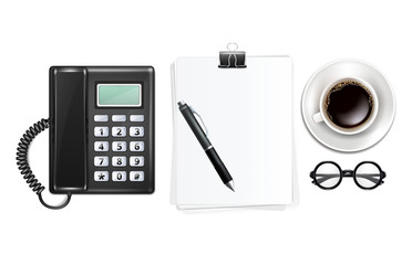 Cup of Coffe with Glasses and Blank Sheets of Paper