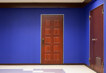 Apartment door and blue wall