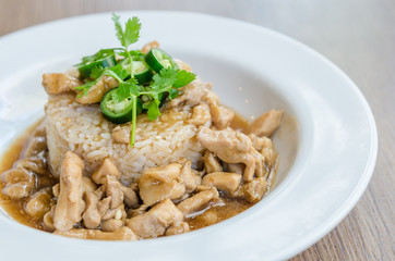 Chicken with brown sauce on rice