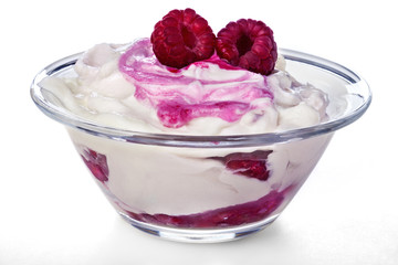 fresh raspberries in sweet sour cream on a white background