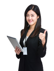 Fototapeta premium Business woman hold tablet and thumb up