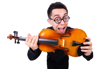 Funny man with violin on white