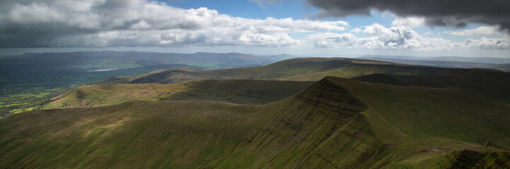 Landscape panorama of Cribyn summit from Pen-y-Fan mountain in B