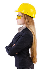 Woman construction worker isolated on white