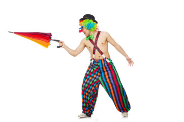 Clown with umbrella isolated on white