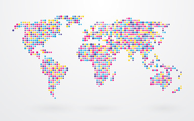 Naklejka premium mapa świata składa się z małych kolorowych kropek