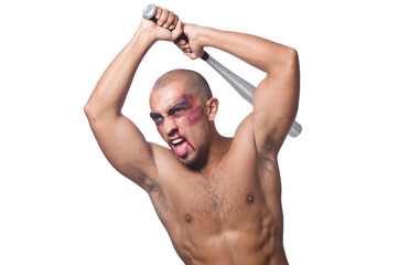 Ripped man with baseball bat on white