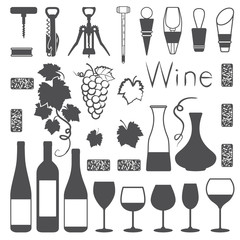 Wine related silhouette icons vector set