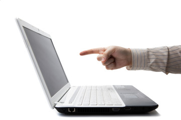 man's hand holding a finger on a laptop