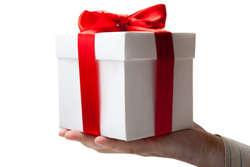 white gift box with red ribbon in hand