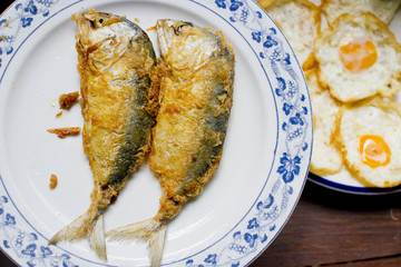 Fried Mackerel and fried eggs in plate