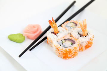 Uramaki tuna and shrimp. Traditional japanese sushi rolls