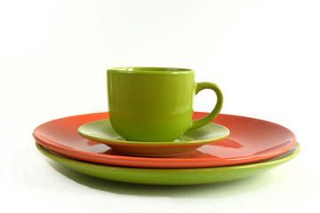 set of ceramic tableware isolated on white background
