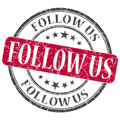 Follow us red grunge textured vintage isolated stamp