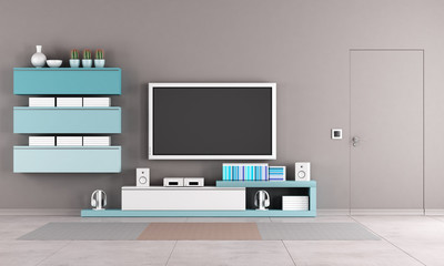 Colorful living room with tv stand
