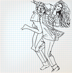 Young couple having fun sketch illustration